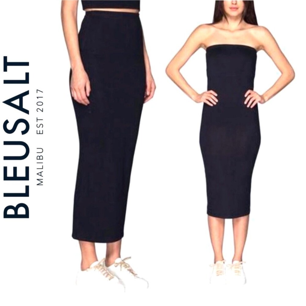 Bleusalt The Tube Skirt Navy Blue Jersey Stretch Fleece Lined Maxi Convertible 1